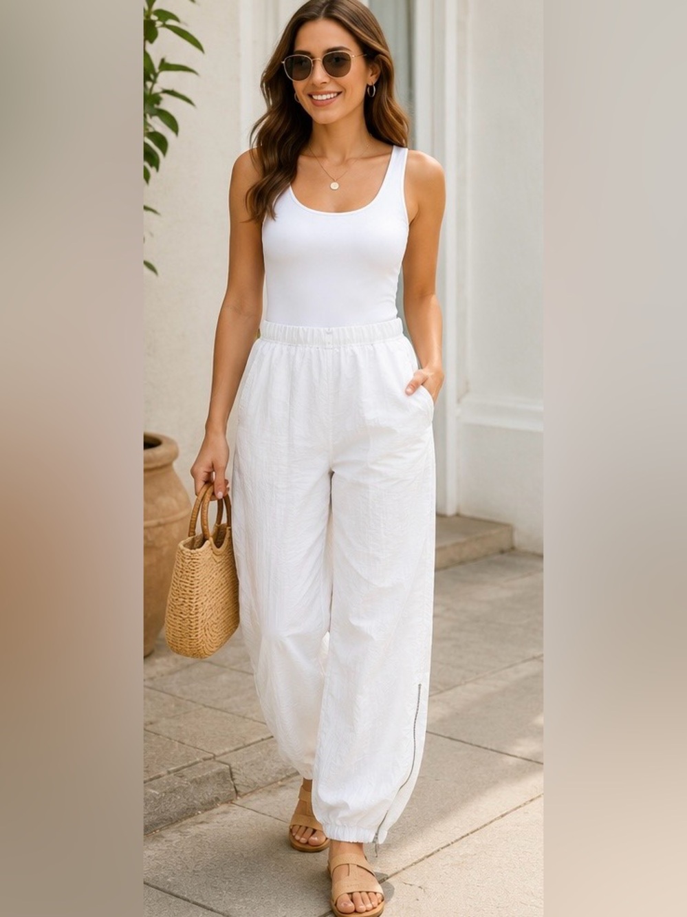Athleta Cascade‎ Crinkle Zip Jogger Pants White Lightweight  Athleisure Size L
